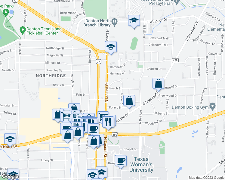 map of restaurants, bars, coffee shops, grocery stores, and more near 110 Peach Street in Denton