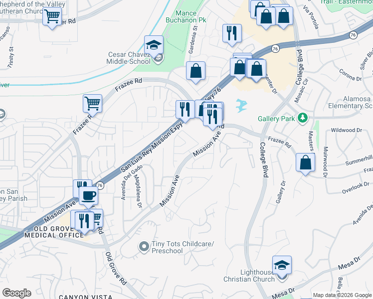 map of restaurants, bars, coffee shops, grocery stores, and more near 4709 Ventana Way in Oceanside