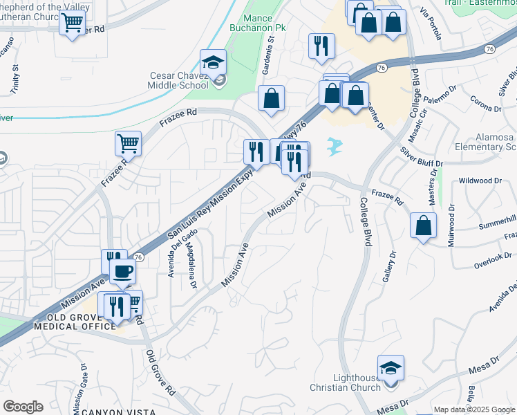map of restaurants, bars, coffee shops, grocery stores, and more near 4709 Ventana Way in Oceanside