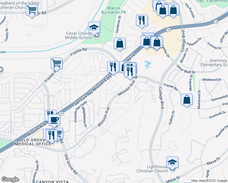 map of restaurants, bars, coffee shops, grocery stores, and more near 4724 Ventana Way in Oceanside