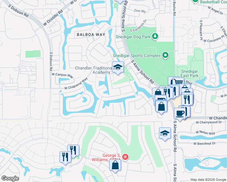 map of restaurants, bars, coffee shops, grocery stores, and more near 1482 West Blue Ridge Way in Chandler