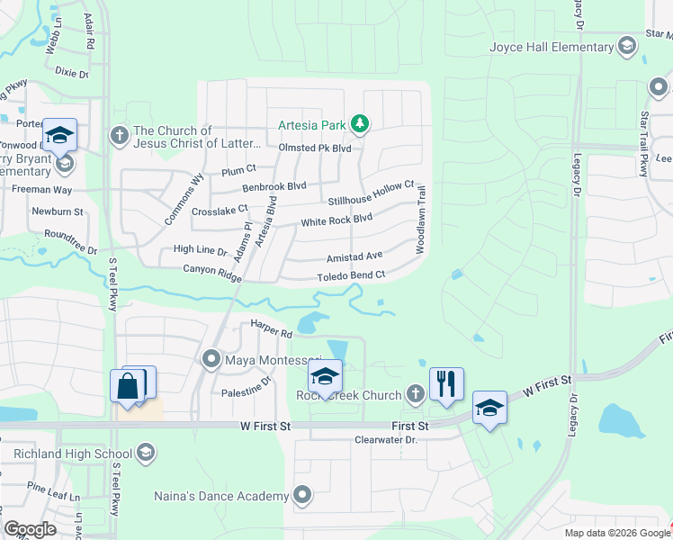 map of restaurants, bars, coffee shops, grocery stores, and more near 16408 Toledo Bend Court in Prosper