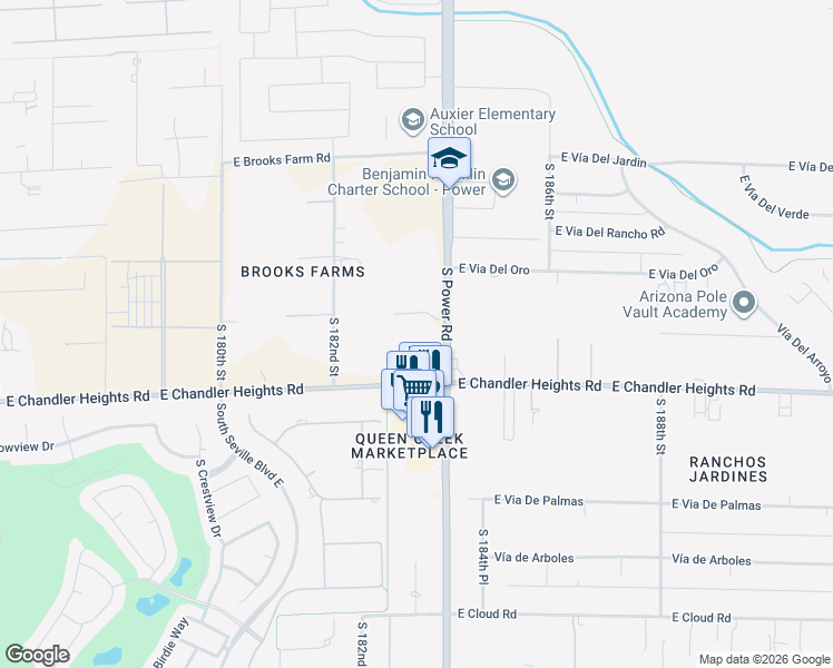 map of restaurants, bars, coffee shops, grocery stores, and more near 23426 South Power Road in Gilbert
