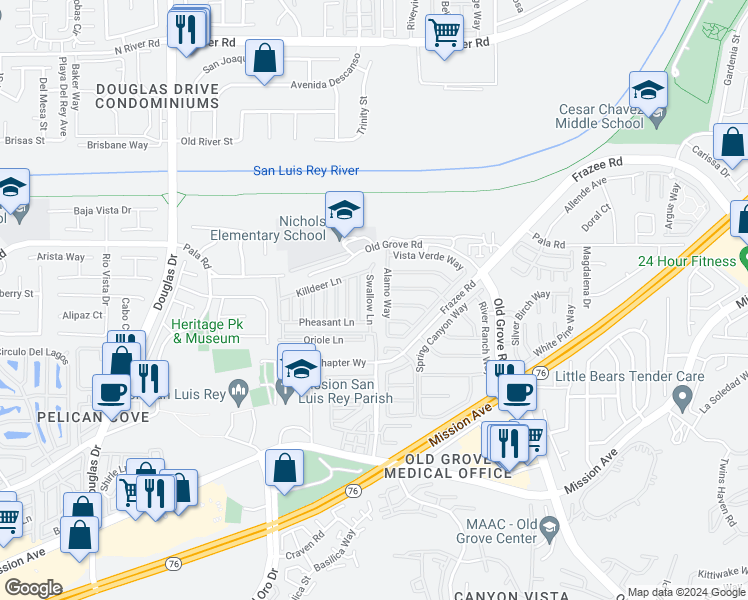 map of restaurants, bars, coffee shops, grocery stores, and more near Swallow Lane in Oceanside