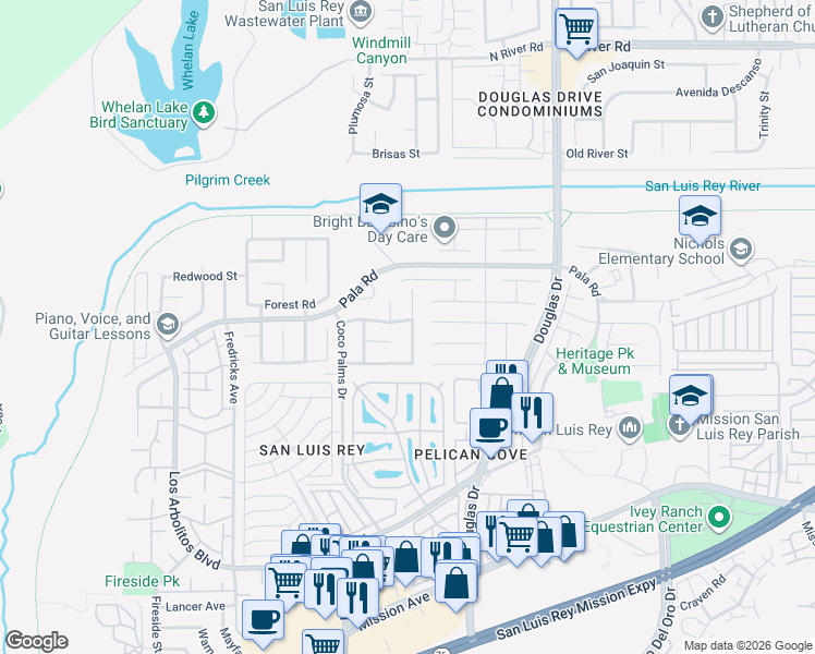 map of restaurants, bars, coffee shops, grocery stores, and more near 3799 Mulberry Street in Oceanside