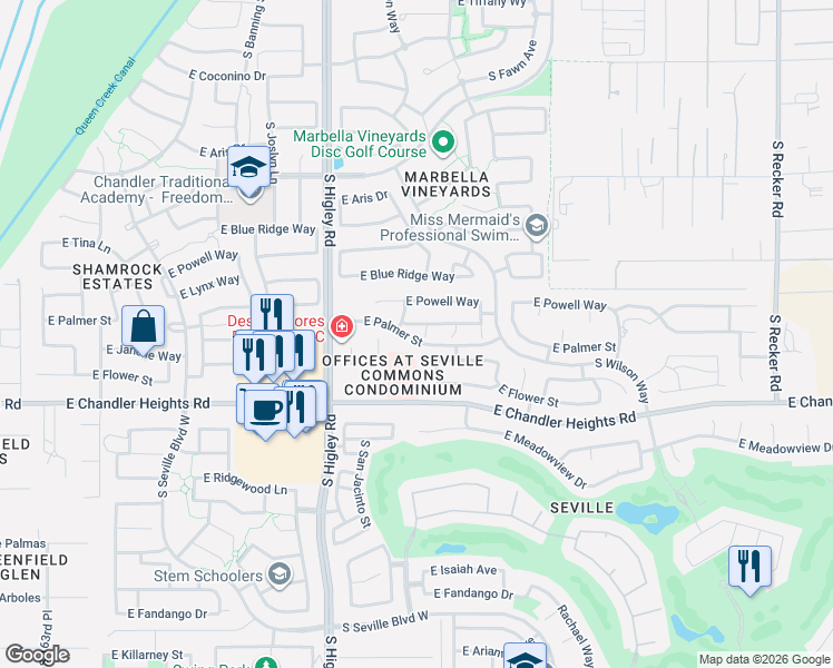 map of restaurants, bars, coffee shops, grocery stores, and more near 6322 South Sinova Avenue in Gilbert