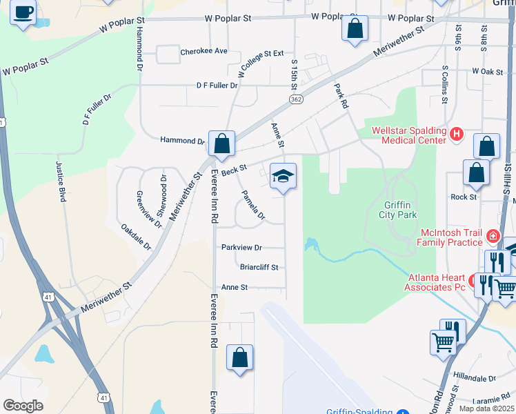 map of restaurants, bars, coffee shops, grocery stores, and more near 824 Pamela Drive in Griffin