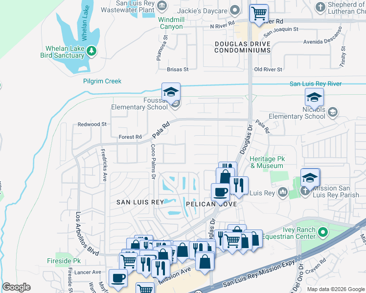 map of restaurants, bars, coffee shops, grocery stores, and more near 3799 Mulberry Street in Oceanside