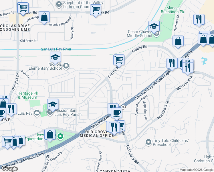 map of restaurants, bars, coffee shops, grocery stores, and more near 360 River Ranch Way in Oceanside