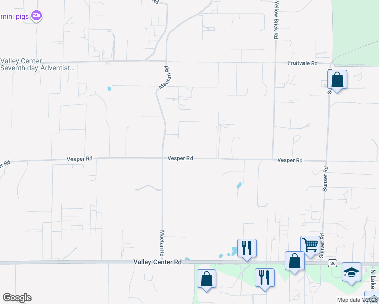 map of restaurants, bars, coffee shops, grocery stores, and more near 15654 Vesper Road in Valley Center