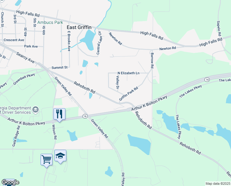 map of restaurants, bars, coffee shops, grocery stores, and more near 308 Elizabeth Lane in Griffin