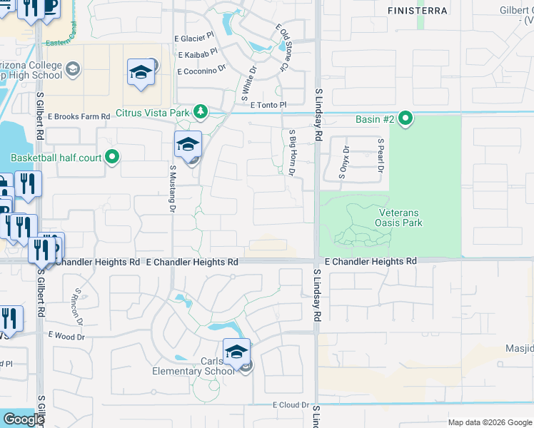 map of restaurants, bars, coffee shops, grocery stores, and more near 3853 East San Carlos Place in Chandler