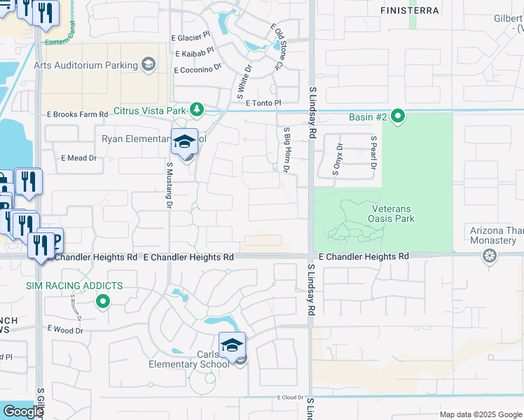 map of restaurants, bars, coffee shops, grocery stores, and more near 3853 East San Carlos Place in Chandler