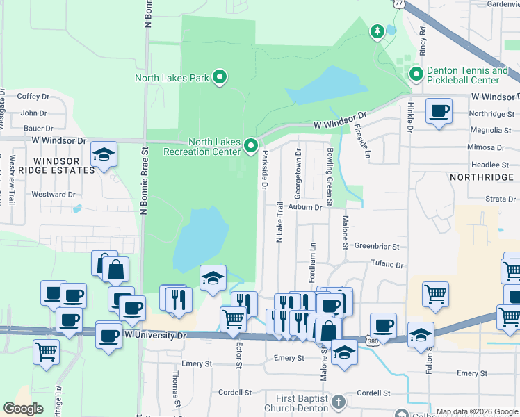 map of restaurants, bars, coffee shops, grocery stores, and more near 2101 Parkside Drive in Denton