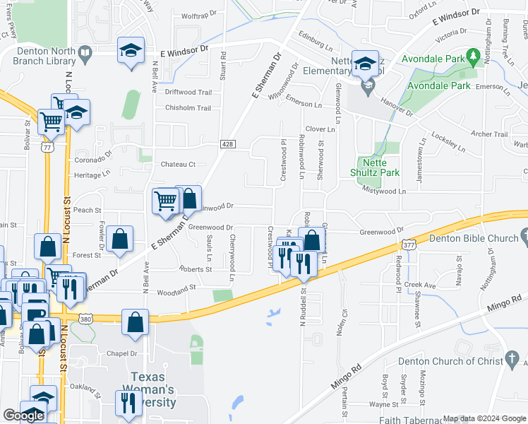 map of restaurants, bars, coffee shops, grocery stores, and more near 910 Linwood Drive in Denton