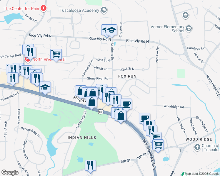 map of restaurants, bars, coffee shops, grocery stores, and more near 304 Riverdale Drive in Tuscaloosa