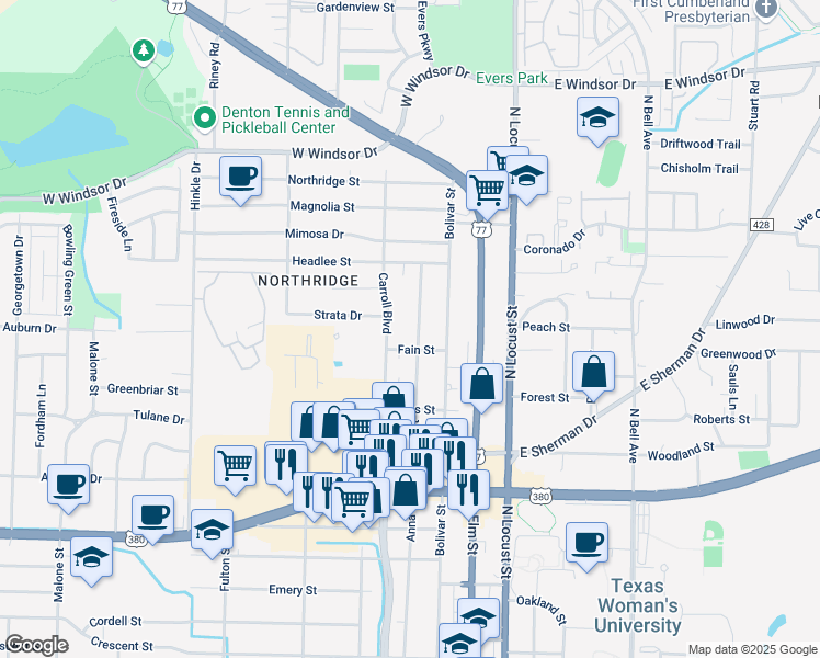 map of restaurants, bars, coffee shops, grocery stores, and more near 2400 Denison Street in Denton