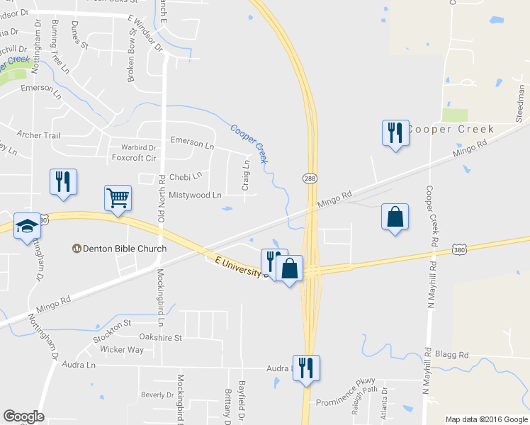 map of restaurants, bars, coffee shops, grocery stores, and more near 3145 Mingo Road in Denton
