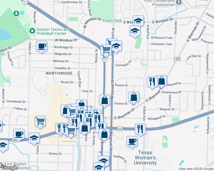 map of restaurants, bars, coffee shops, grocery stores, and more near 2319 North Locust Street in Denton