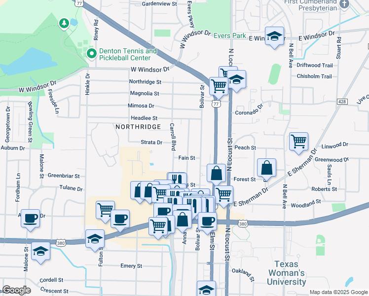 map of restaurants, bars, coffee shops, grocery stores, and more near 2400 Denison Street in Denton