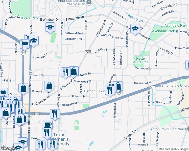 map of restaurants, bars, coffee shops, grocery stores, and more near 810 Linwood Drive in Denton