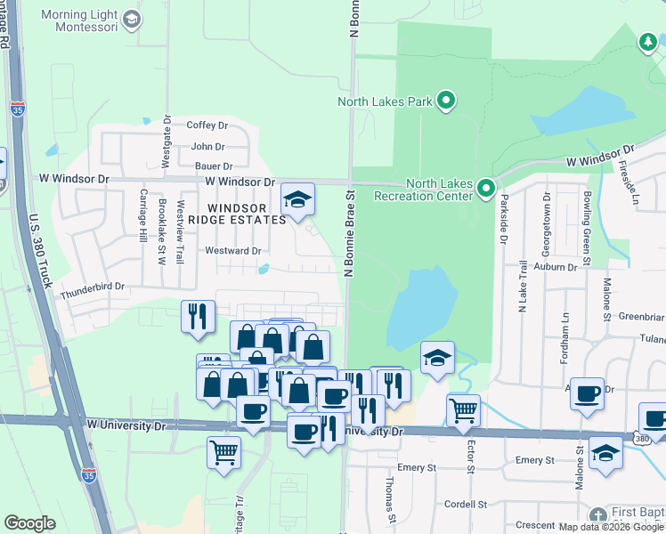 map of restaurants, bars, coffee shops, grocery stores, and more near 2205 North Bonnie Brae Street in Denton