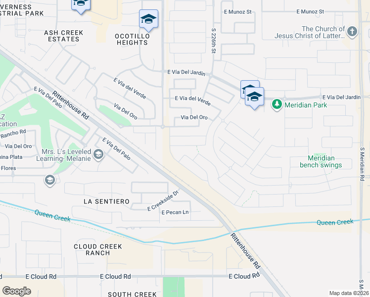 map of restaurants, bars, coffee shops, grocery stores, and more near 23434 225th Street in Queen Creek