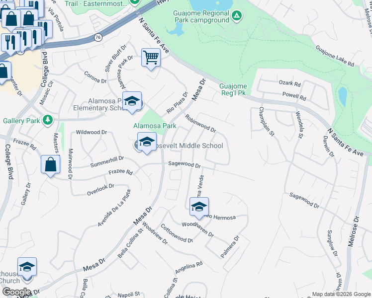 map of restaurants, bars, coffee shops, grocery stores, and more near 5209 Rosewood Drive in Oceanside