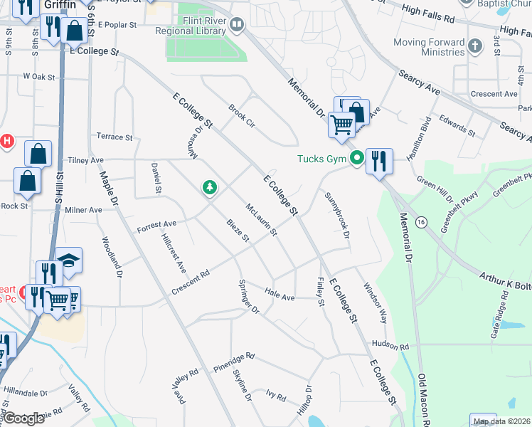 map of restaurants, bars, coffee shops, grocery stores, and more near 511 Kincaid Avenue in Griffin