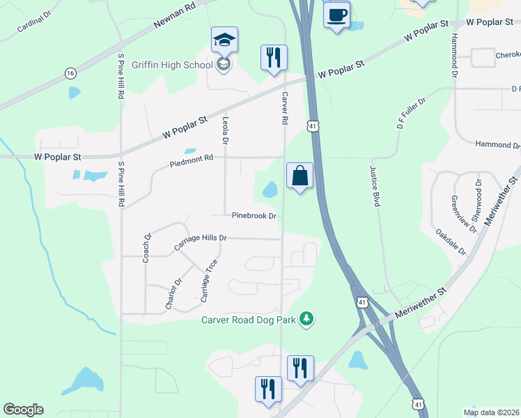 map of restaurants, bars, coffee shops, grocery stores, and more near 1604 Pinebrook Drive in Griffin
