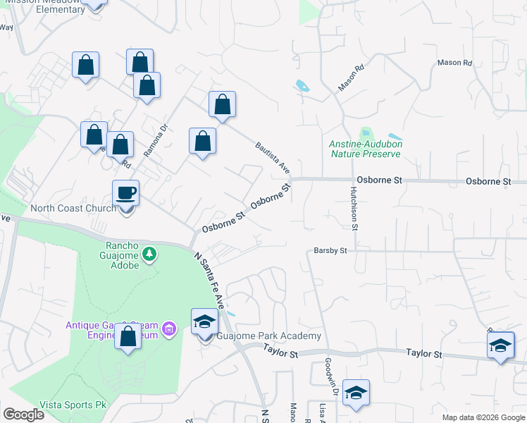 map of restaurants, bars, coffee shops, grocery stores, and more near 291 Osborne Street in Vista