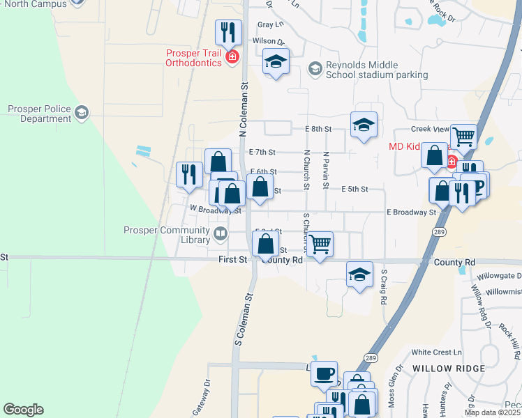 map of restaurants, bars, coffee shops, grocery stores, and more near 109 East 3rd Street in Prosper