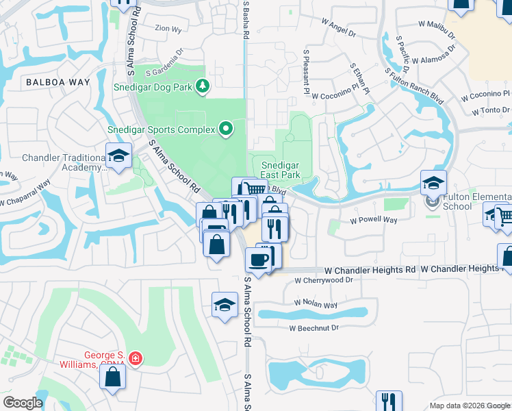 map of restaurants, bars, coffee shops, grocery stores, and more near 4921 South Alma School Road in Chandler