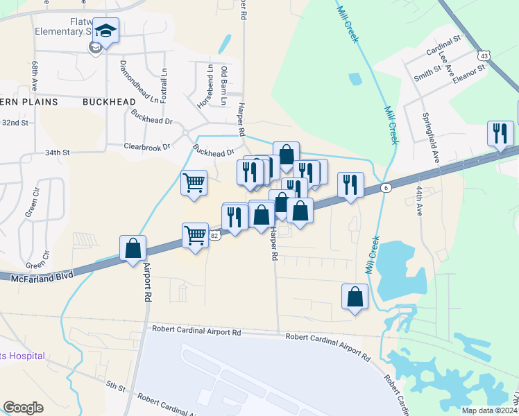 map of restaurants, bars, coffee shops, grocery stores, and more near 5600 McFarland Boulevard in Northport