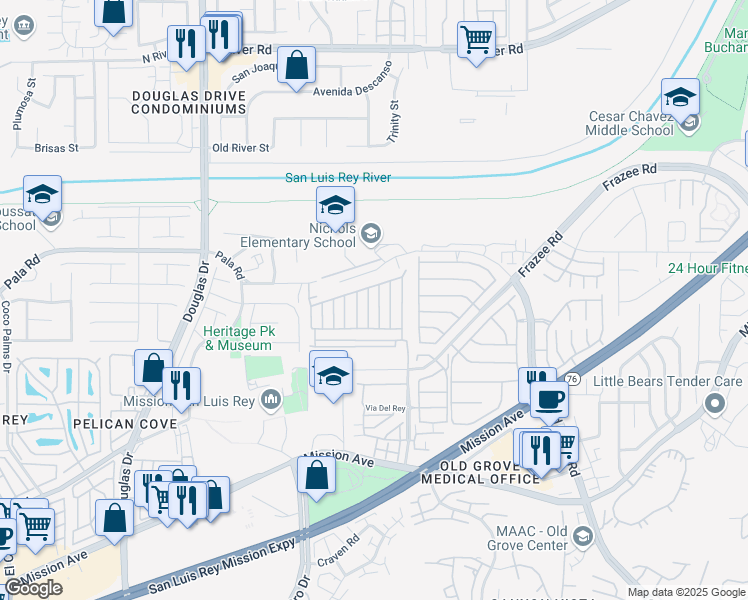 map of restaurants, bars, coffee shops, grocery stores, and more near 161 Roadrunner Lane in Oceanside