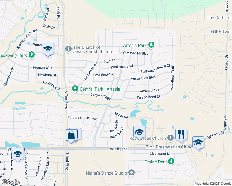 map of restaurants, bars, coffee shops, grocery stores, and more near 1617 Medina Lane in Prosper