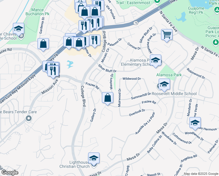 map of restaurants, bars, coffee shops, grocery stores, and more near 849 Masters Drive in Oceanside