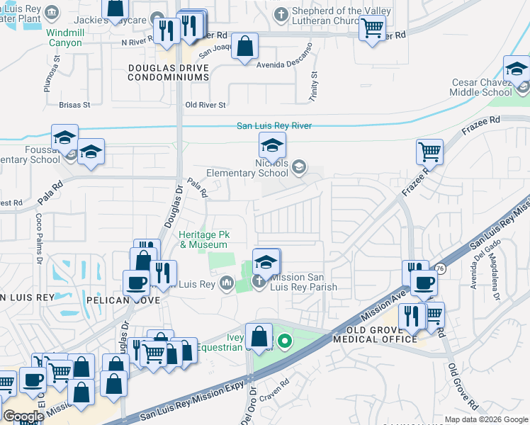 map of restaurants, bars, coffee shops, grocery stores, and more near 4038 Pala Road in Oceanside