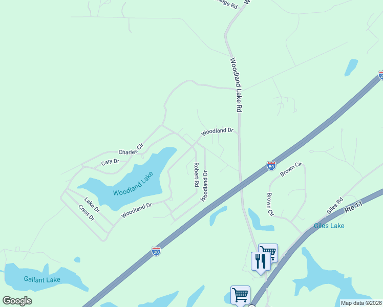 map of restaurants, bars, coffee shops, grocery stores, and more near 11575 Woodland Drive in McCalla