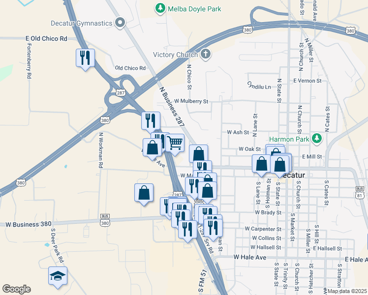 map of restaurants, bars, coffee shops, grocery stores, and more near 503 U.S. 287 in Decatur