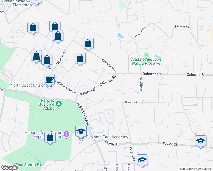 map of restaurants, bars, coffee shops, grocery stores, and more near 291 Osborne Street in Vista