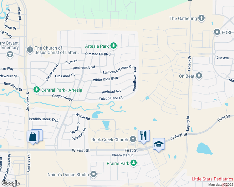 map of restaurants, bars, coffee shops, grocery stores, and more near 16516 Amistad Avenue in Prosper