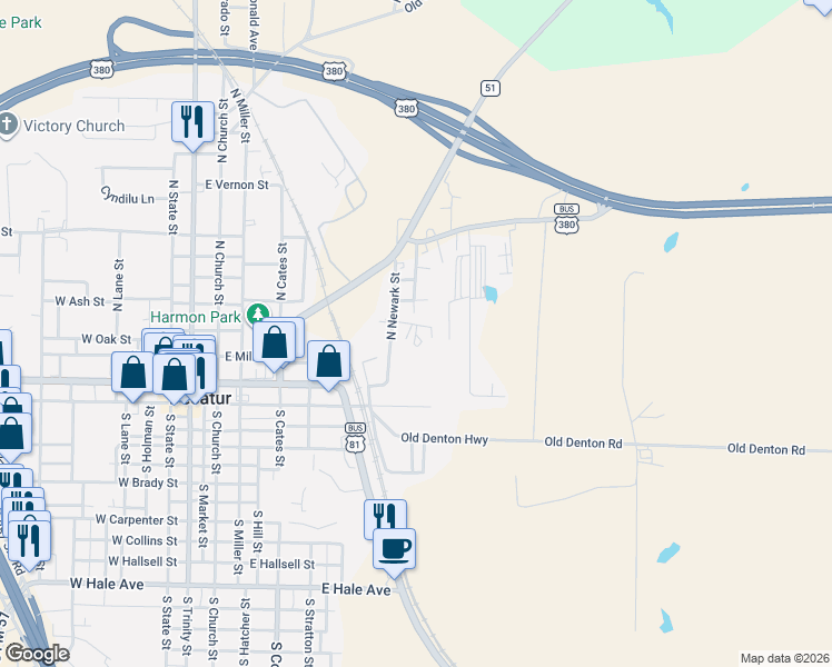 map of restaurants, bars, coffee shops, grocery stores, and more near 502 North Arthur Street in Decatur