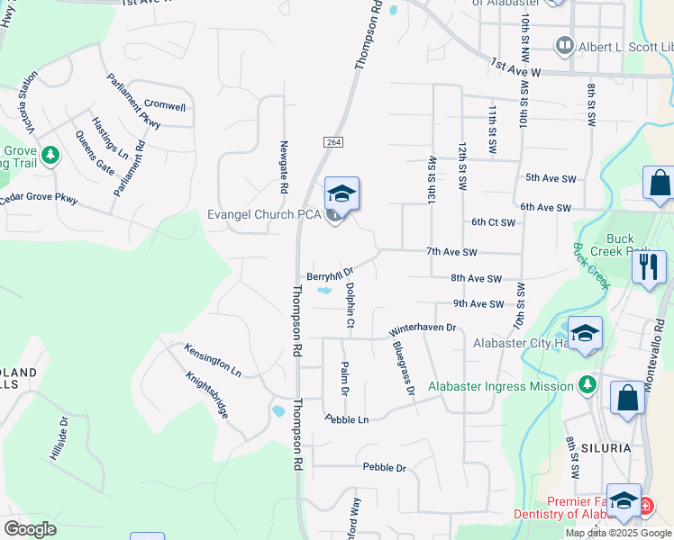 map of restaurants, bars, coffee shops, grocery stores, and more near 215 Dolphin Court in Alabaster
