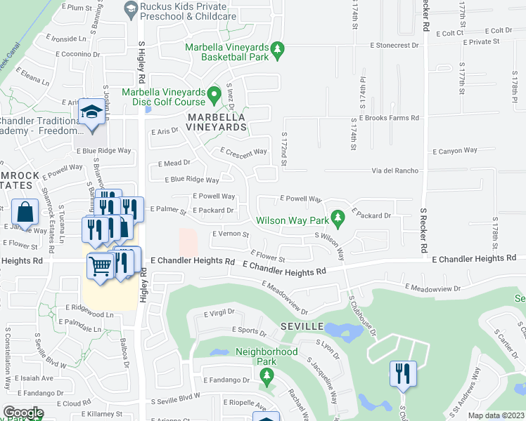 map of restaurants, bars, coffee shops, grocery stores, and more near 6230 South Legend Court in Gilbert