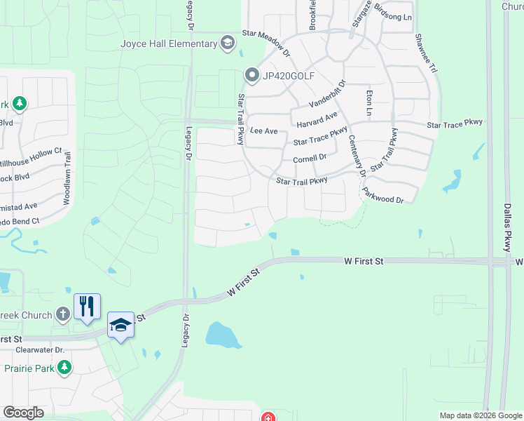 map of restaurants, bars, coffee shops, grocery stores, and more near 2076 West First Street in Prosper