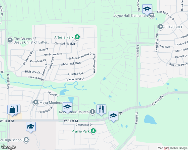 map of restaurants, bars, coffee shops, grocery stores, and more near 16636 Toledo Bend Court in Prosper
