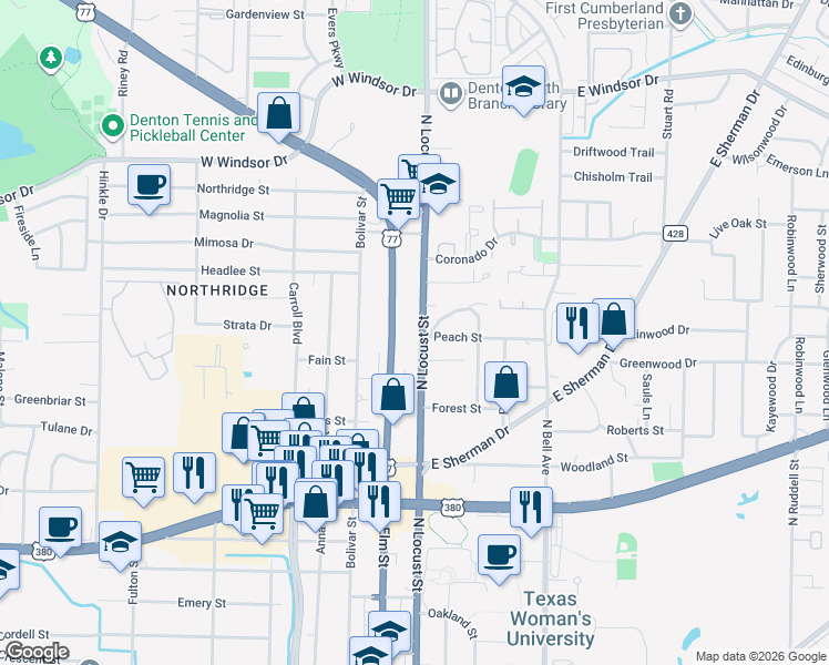 map of restaurants, bars, coffee shops, grocery stores, and more near 2515 North Locust Street in Denton