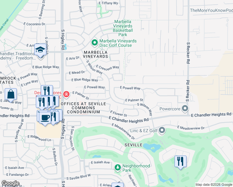map of restaurants, bars, coffee shops, grocery stores, and more near 6230 South Legend Court in Gilbert