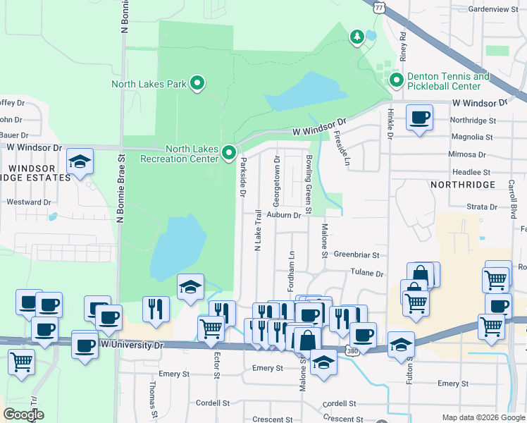 map of restaurants, bars, coffee shops, grocery stores, and more near 2212 North Lake Trail in Denton
